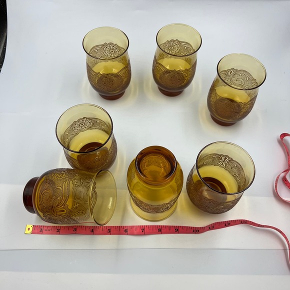 Vintage Amber Libbey Americana Lace Embossed Glass Etched Tumblers 7 Pieces MCM - Picture 8 of 10